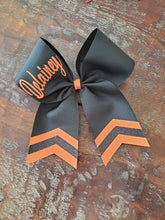 Load image into Gallery viewer, Black Chevron Tail Cheer/Dance/Softball Bow with Name
