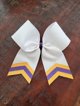 Load image into Gallery viewer, White hair bow with Athletic yellow and grape chevrons
