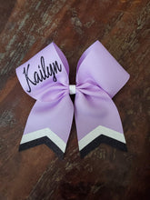 Load image into Gallery viewer, lavender cheer bow with black and white chevrons and name
