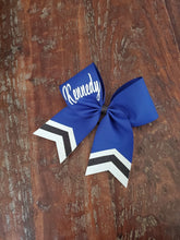 Load image into Gallery viewer, BLUE or NAVY Chevron Tail Cheer/Dance/Softball Bow with Name
