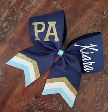 Load image into Gallery viewer, Custom 3 color Chevron Tail Cheer/Softball/Dance Bow with 2 names.
