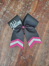 Load image into Gallery viewer, Black Chevron Tail Cheer/Dance/Softball Bow with Name
