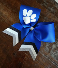 Load image into Gallery viewer, Custom 3 color Chevron Tail Cheer/Softball/Dance Bow with 2 names.
