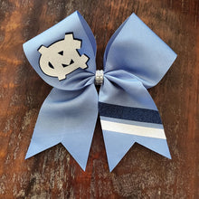 Load image into Gallery viewer, Custom Columbia Blue, Navy, and white striped  logo bow 
