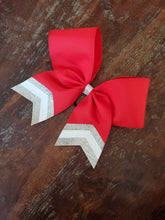 Load image into Gallery viewer, Red hair bow with white and silver chevrons
