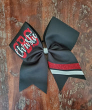 Load image into Gallery viewer, Black red and white custom striped bow 
