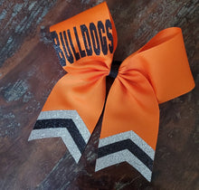 Load image into Gallery viewer, Custom Purple/Orange/Yellow Cheer/Dance/ Softball Bow with Name

