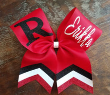 Load image into Gallery viewer, Custom 3 color Chevron Tail Cheer/Softball/Dance Bow with 2 names.
