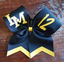 Load image into Gallery viewer, Custom Cheer Bow/Softball Bow/Dance Bow with 2 names and chevrons.
