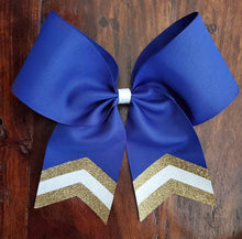 Load image into Gallery viewer, Royal blue hair bow with gold and white chevrons
