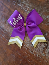 Load image into Gallery viewer, Custom Purple/Orange/Yellow Cheer/Dance/ Softball Bow with Name
