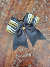 Load image into Gallery viewer, Black Gold and White Paint Drip Cheer Bow
