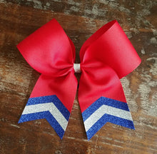 Load image into Gallery viewer, Red hair bow with royal blue and silver chevrons
