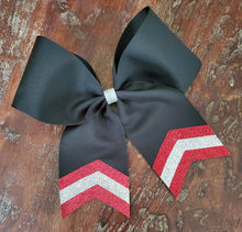Load image into Gallery viewer, Black hair bow with red and silver chevrons
