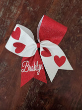 Load image into Gallery viewer, FULL glitter Heart Cheer/Valentines Bow with Name
