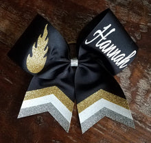 Load image into Gallery viewer, Custom 3 color Chevron Tail Cheer/Softball/Dance Bow with 2 names.
