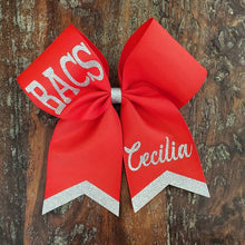 Load image into Gallery viewer, Red bow with silver glitter and custom names
