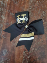 Load image into Gallery viewer, Custom black gold and white striped bow 
