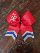 Load image into Gallery viewer, Custom Red/Maroon Cheer/Dance/Softball Bow with Name and chevrons
