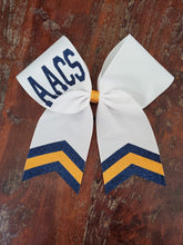 Load image into Gallery viewer, White Chevron Tail Cheer/Dance/Softball Bow with Name
