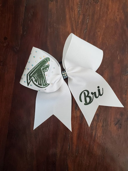 Custom Solid ribbon Cheer Bow with Rhinestones on One loop and Name