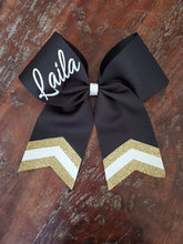 Load image into Gallery viewer, Black Chevron Tail Cheer/Dance/Softball Bow with Name
