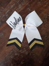 Load image into Gallery viewer, White Chevron Tail Cheer/Dance/Softball Bow with Name
