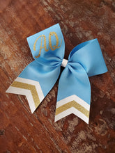 Load image into Gallery viewer, BLUE or NAVY Chevron Tail Cheer/Dance/Softball Bow with Name
