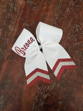 Load image into Gallery viewer, White Chevron Tail Cheer/Dance/Softball Bow with Name
