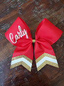 Load image into Gallery viewer, Custom Red/Maroon Cheer/Dance/Softball Bow with Name and chevrons
