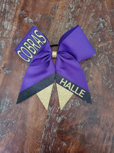 Load image into Gallery viewer, Custom Cheer/Senior/Softball Bow with Name and Striped tail
