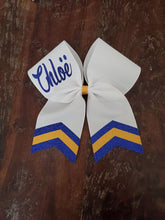 Load image into Gallery viewer, White Chevron Tail Cheer/Dance/Softball Bow with Name
