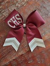 Load image into Gallery viewer, Custom Red/Maroon Cheer/Dance/Softball Bow with Name and chevrons
