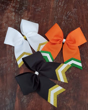 Load image into Gallery viewer, Orange, white and black chevrons bows in gold, green, and white 
