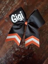Load image into Gallery viewer, Black Chevron Tail Cheer/Dance/Softball Bow with Name
