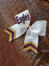 Load image into Gallery viewer, White Chevron Tail Cheer/Dance/Softball Bow with Name
