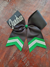 Load image into Gallery viewer, Black Chevron Tail Cheer/Dance/Softball Bow with Name
