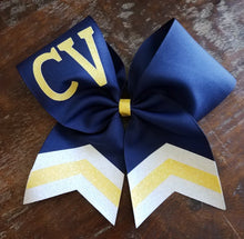 Load image into Gallery viewer, BLUE or NAVY Chevron Tail Cheer/Dance/Softball Bow with Name
