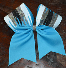 Load image into Gallery viewer, Blue, Black, White and Silver Paint Drip Cheer Bow
