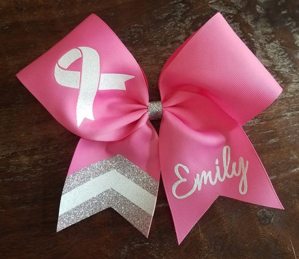 Cancer Awareness Cheer Bow / Softball Bow / Dance Bow with Chevron Tail and 1 Name.