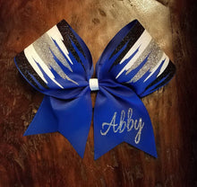 Load image into Gallery viewer, Blue, Black, White and Silver Paint Drip Cheer Bow
