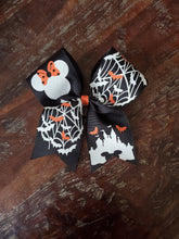 Load image into Gallery viewer, Mouse Halloween Cheer Bow with spiderweb

