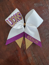 Load image into Gallery viewer, Custom Cheer/Senior/Softball Bow with Name and Striped tail
