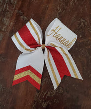 Load image into Gallery viewer, Striped Chevron Tail Cheer/Softball/Dance Bow with Name
