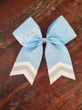 Load image into Gallery viewer, BLUE or NAVY Chevron Tail Cheer/Dance/Softball Bow with Name
