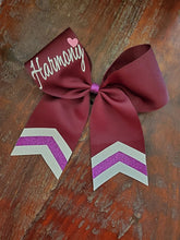 Load image into Gallery viewer, Custom Red/Maroon Cheer/Dance/Softball Bow with Name and chevrons
