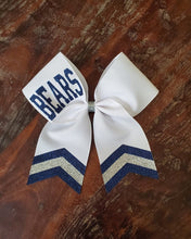 Load image into Gallery viewer, White Chevron Tail Cheer/Dance/Softball Bow with Name
