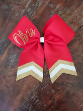 Load image into Gallery viewer, Custom Red/Maroon Cheer/Dance/Softball Bow with Name and chevrons
