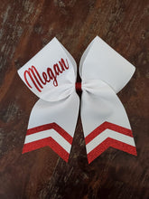 Load image into Gallery viewer, White Chevron Tail Cheer/Dance/Softball Bow with Name
