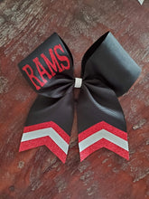 Load image into Gallery viewer, Black Chevron Tail Cheer/Dance/Softball Bow with Name
